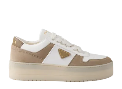 PRADA Women's Downtown Bold Nappa Leather and Suede Sneakers "Sand Beige"