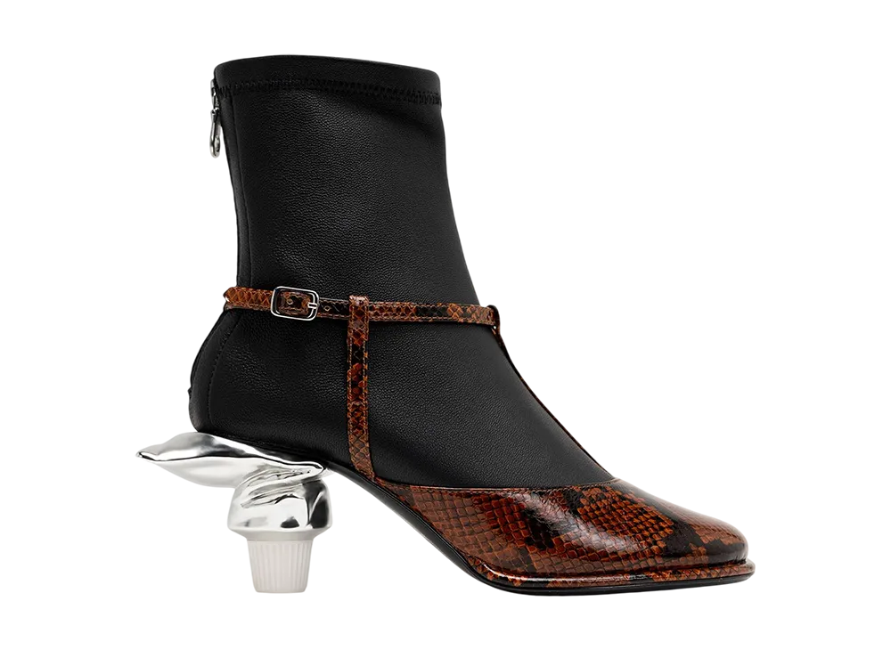 メゾンミハラヤスヒロ ウィメンズ トゥースペーストヒール パイソンプリント ストラップブーツ "ブラウン" (B15FW707)