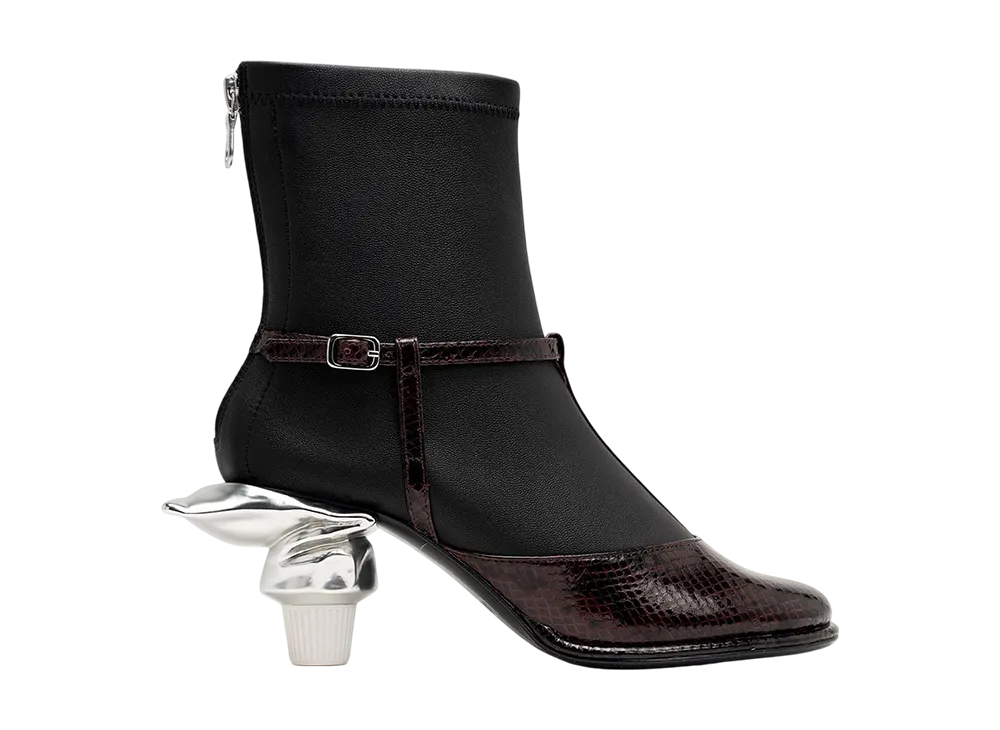 メゾンミハラヤスヒロ ウィメンズ トゥースペーストヒール パイソンプリント ストラップブーツ "ボルドー" (B15FW707)