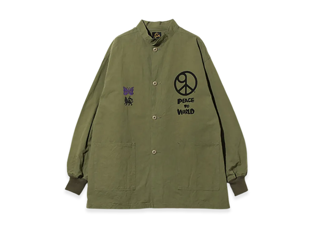 NEEDLES x Sasquatchfabrix. Stand Collar Army Shirt "Peace To World" "Green"
