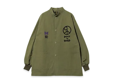 NEEDLES x Sasquatchfabrix. Stand Collar Army Shirt "Peace To World" "Green"