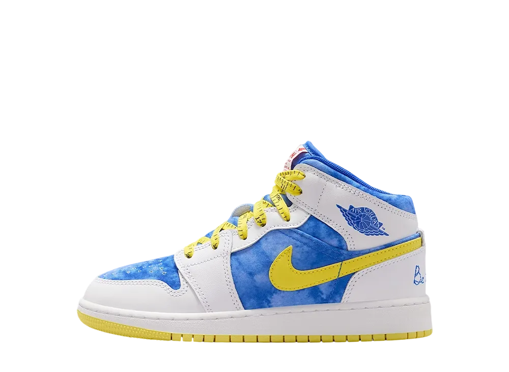 ナイキ GS ジョーダン1 ミッド スニーカースクール "ホワイト/オプティイエロー/ロイヤルティント/レーサーブルー" (キッズ)