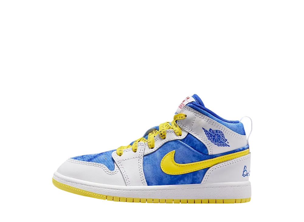 ナイキ PS ジョーダン1 ミッド スニーカースクール "ホワイト/オプティイエロー/ロイヤルティント/レーサーブルー" (キッズ)