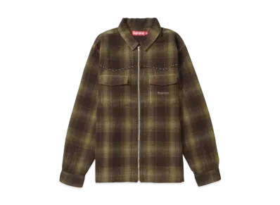 Supreme Studded Shadow Plaid Zip Up Shirt "Olive"
