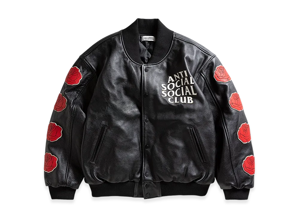 ANTI SOCIAL SOCIAL CLUB Petal To The Metal Leather Varsity Jacket "Black"