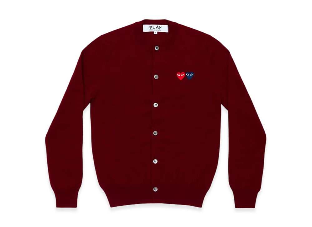 COMME des GARCONS PLAY Round Neck Cardigan With Twin Red x Blue Emblem "Burgundy"