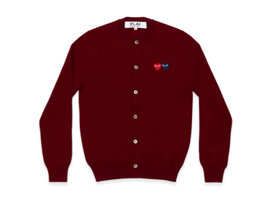 COMME des GARCONS PLAY Round Neck Cardigan With Twin Red x Blue Emblem "Burgundy"