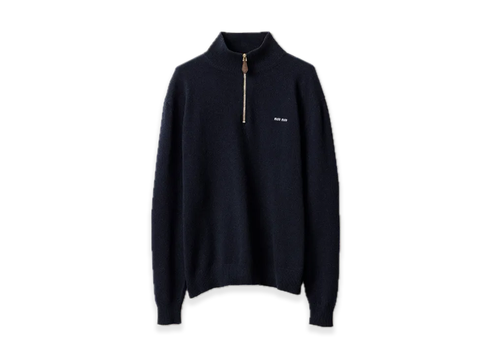 MIU MIU Cashmere/Leather Zipper Sweatshirt "Navy"