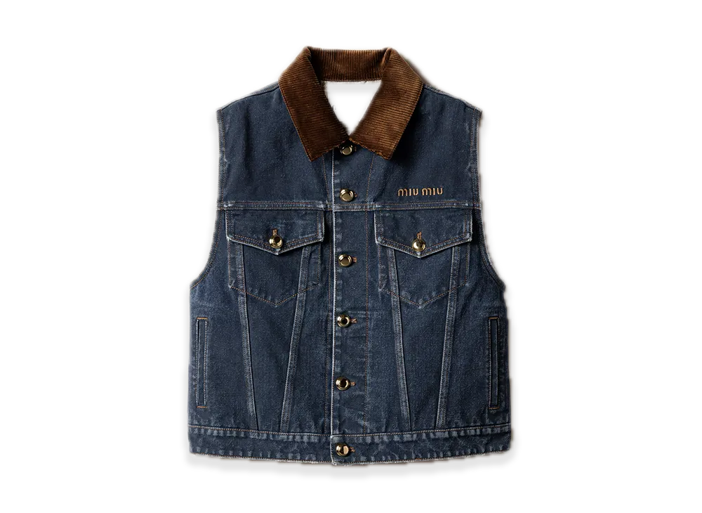 MIU MIU Flocked Denim/Velvet Vest "Navy"