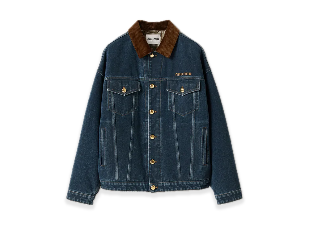 MIU MIU Flocked Denim/Velvet Blouson Jacket "Navy"