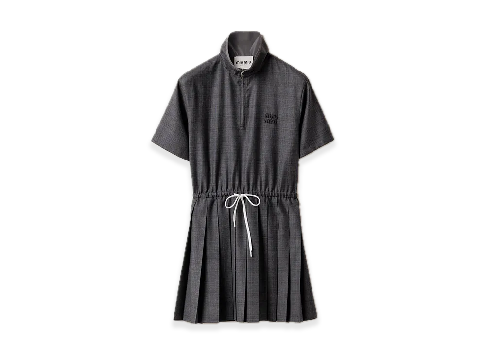 MIU MIU Prince of Wales Pleated Short Dress "Gray"