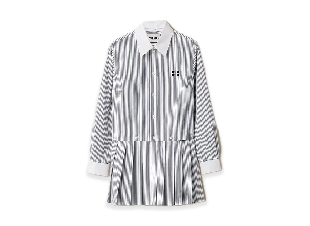 MIU MIU Pleated Stripe Poplin Minidress "White/Navy"