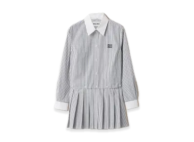 MIU MIU Pleated Stripe Poplin Minidress "White/Navy"