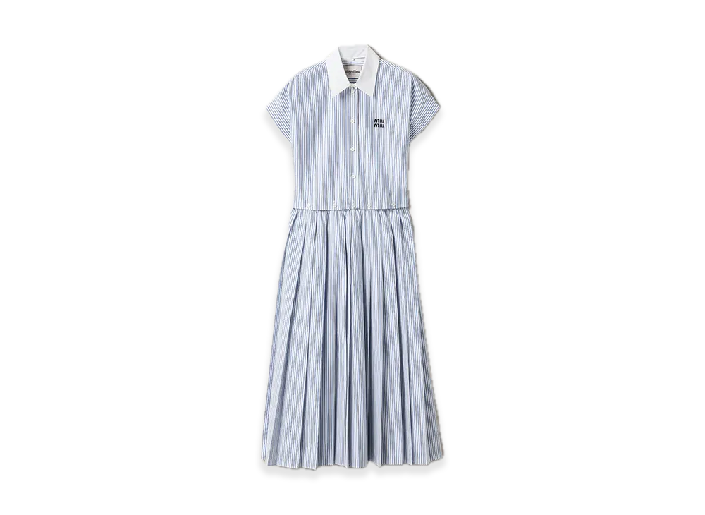 MIU MIU Pleated Stripe Poplin Midi Dress "Dark Brown/Navy/Off-White"