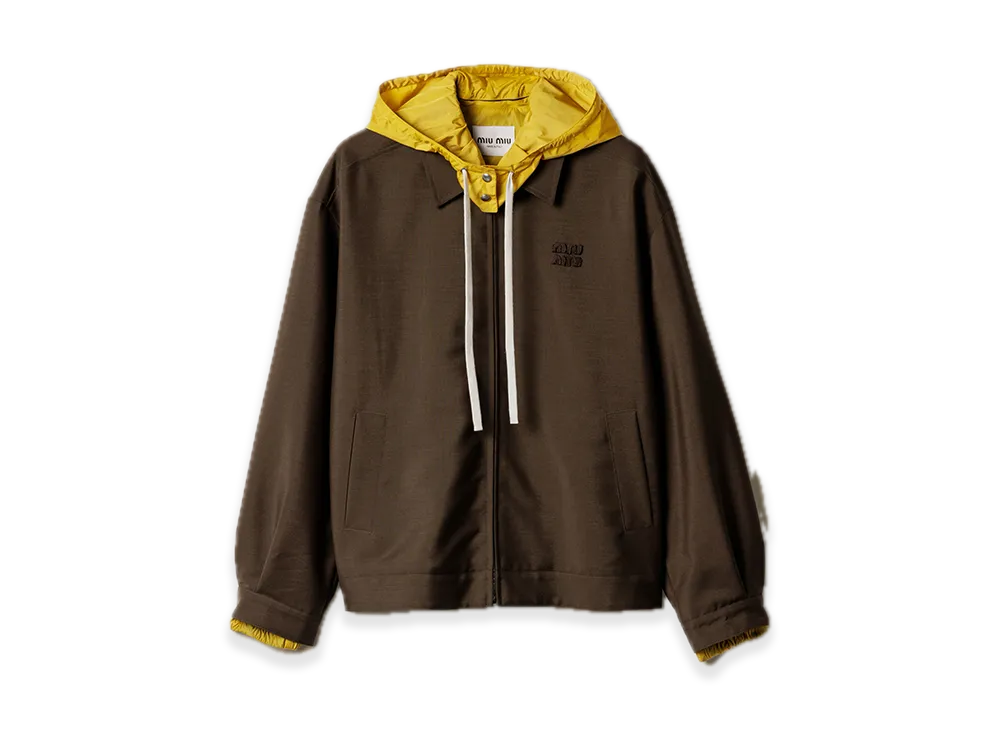 MIU MIU Kid Mohair and Technical Pongee Blouson Jacket "Peat Brown/Mustard"