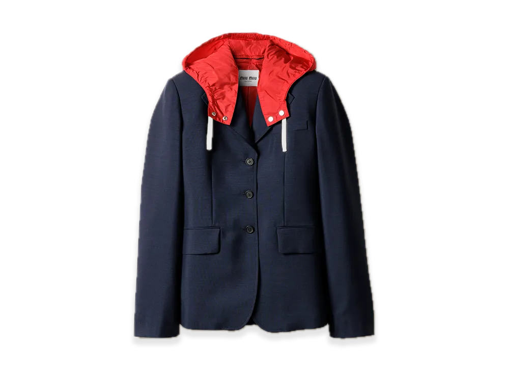 MIU MIU Double-Breasted Kid Mohair/Technical Pongee Jacket "Navy"