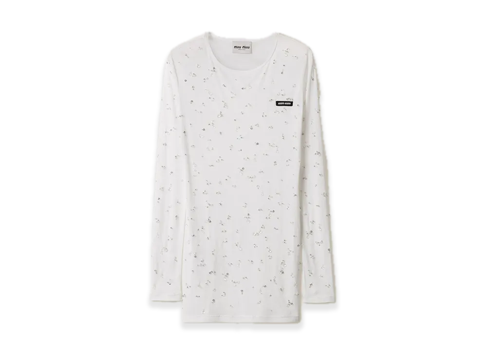 MIU MIU Embroidered Ribbed-Knit Jersey Dress "White"