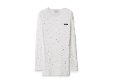 MIU MIU Embroidered Ribbed-Knit Jersey Dress "White"