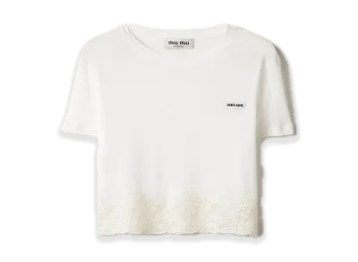 MIU MIU Ribbed Jersey/Lace Tee "White"
