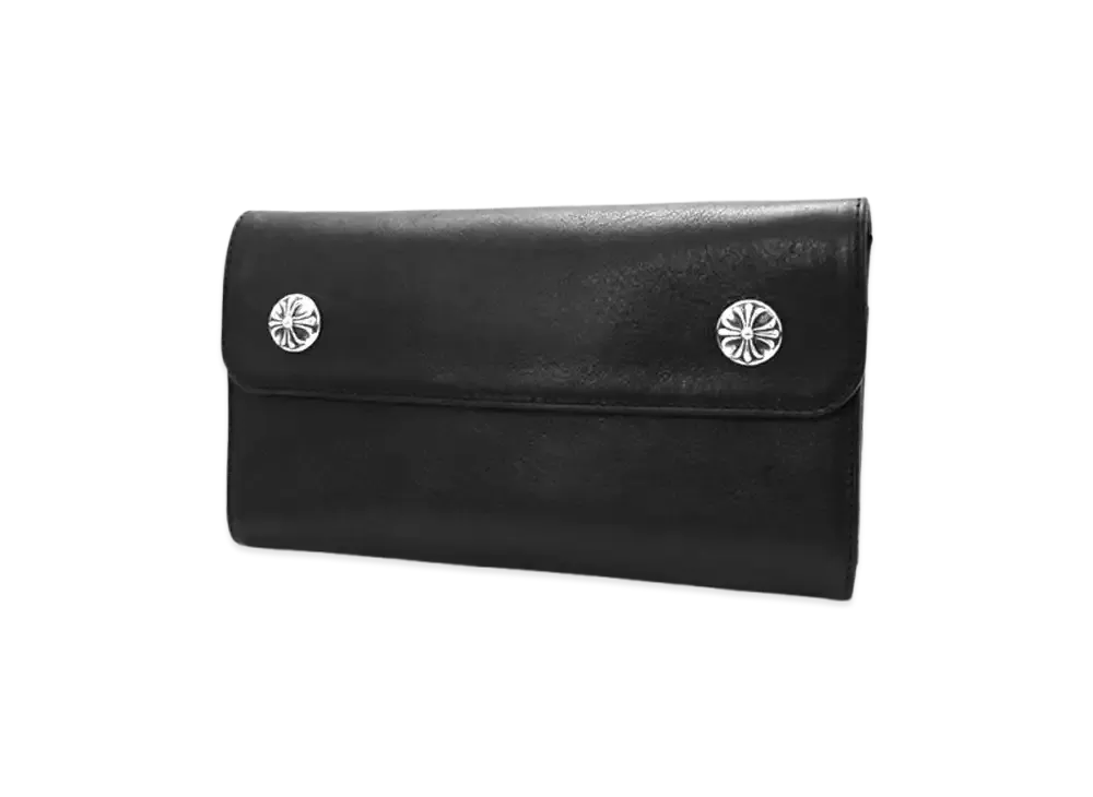 クロムハーツ ウェーブウォレット クロスボタン ブラック ヘビーレザー "ブラック"