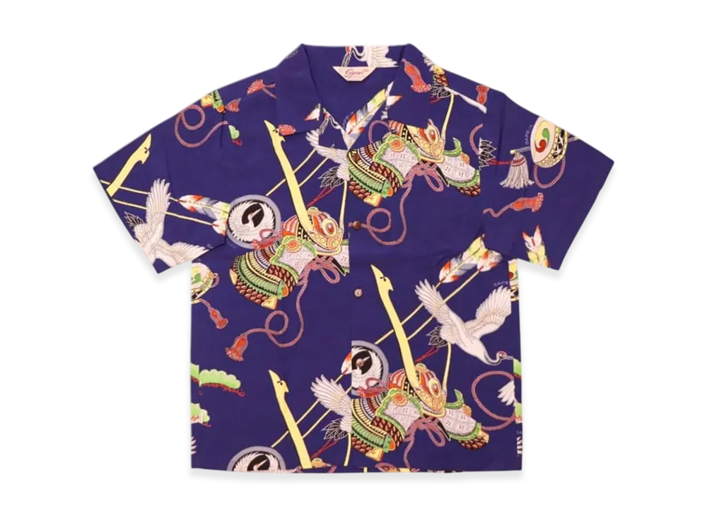 SAPEur Official Hawaiian Shirt Tsuru Kabuto S/S "Navy Blue"