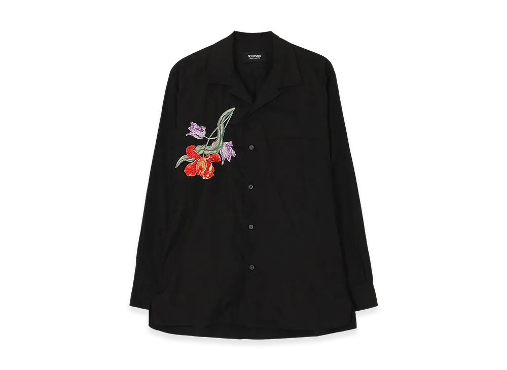 WILDSIDE YOHJI YAMAMOTO Tulip Embroidery Open Collar Shirt "Black"
