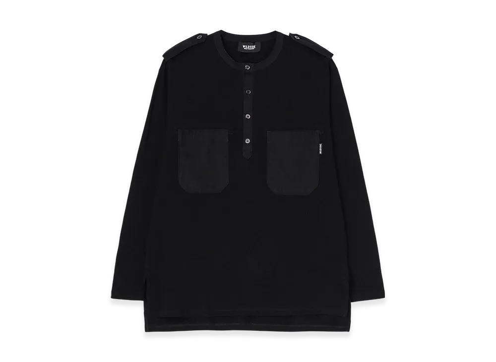WILDSIDE YOHJI YAMAMOTO Cotton Jersey Shoulder Strap Henley Neck Long Sleeve T-Shirt "Black"