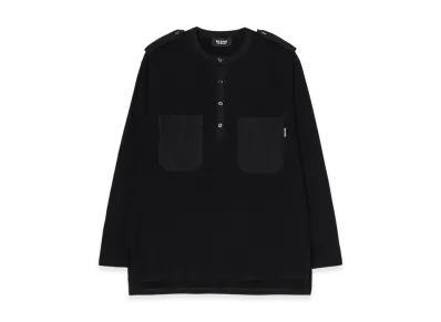 WILDSIDE YOHJI YAMAMOTO Cotton Jersey Shoulder Strap Henley Neck Long Sleeve T-Shirt "Black"