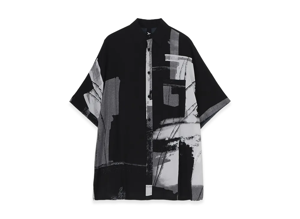 Ground Y Rayon Print Paint Pattern Front Dolman Big Short Sleeved Shirt "Black/Gray"