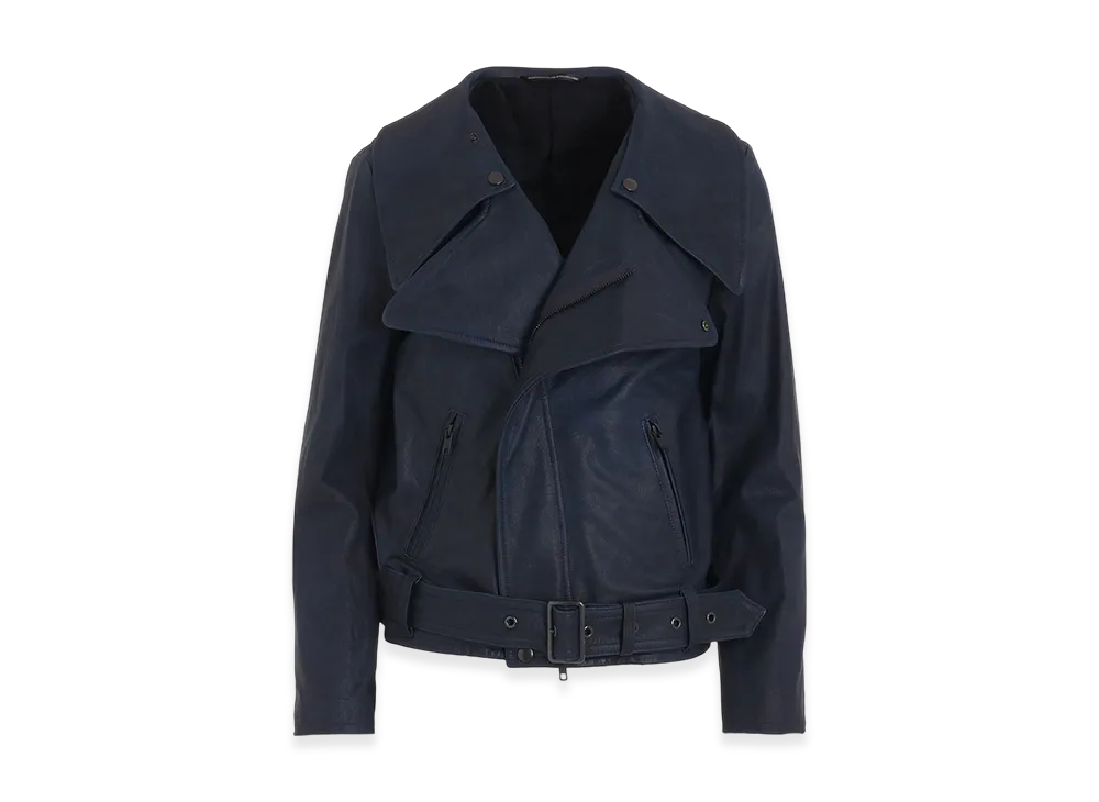 Y's Indigo Mud Dyed Leather Biker Jacket "Navy"