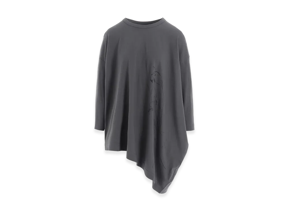 Y's Cotton Jersey Animal Print Asymmetry Drape T "Grey"