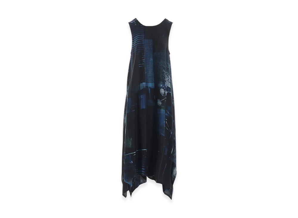 Y's Cupro Blurry Flower Print Belt Tent Dress "Blue"