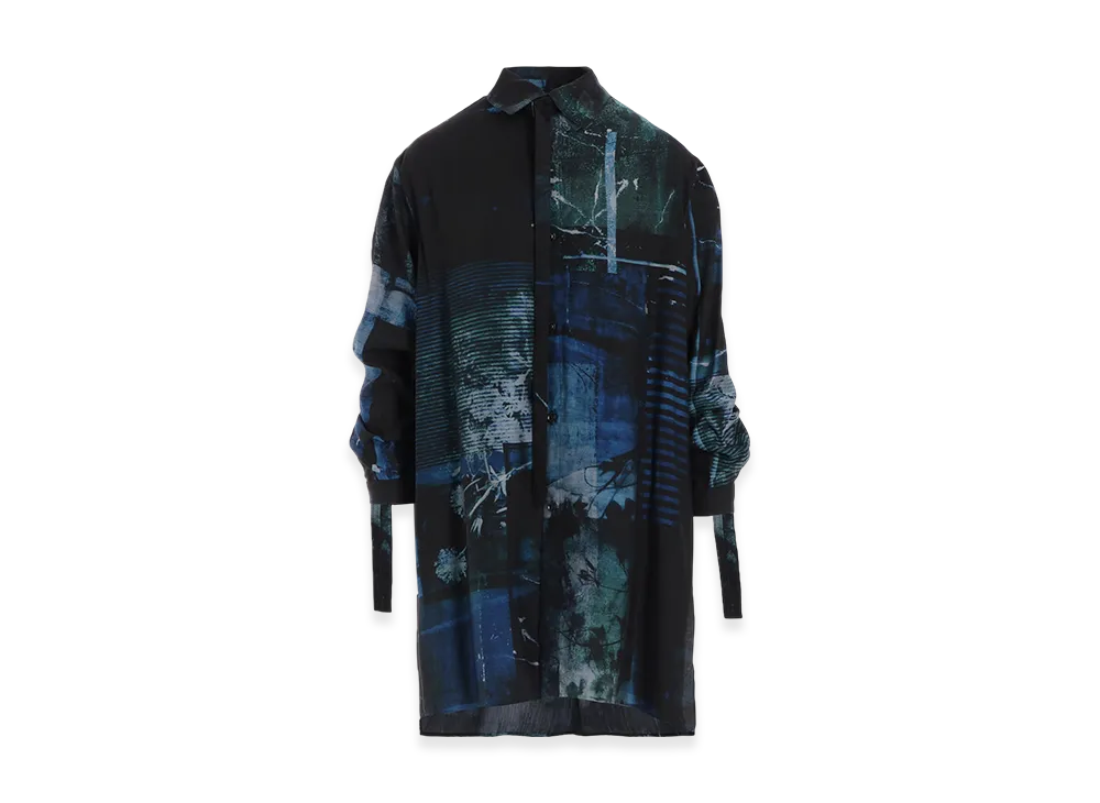 Y's Cupro Blurry Flower Print Long Sleeve Blouse "Blue"