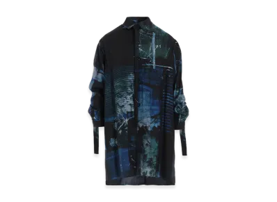 Y's Cupro Blurry Flower Print Long Sleeve Blouse "Blue"