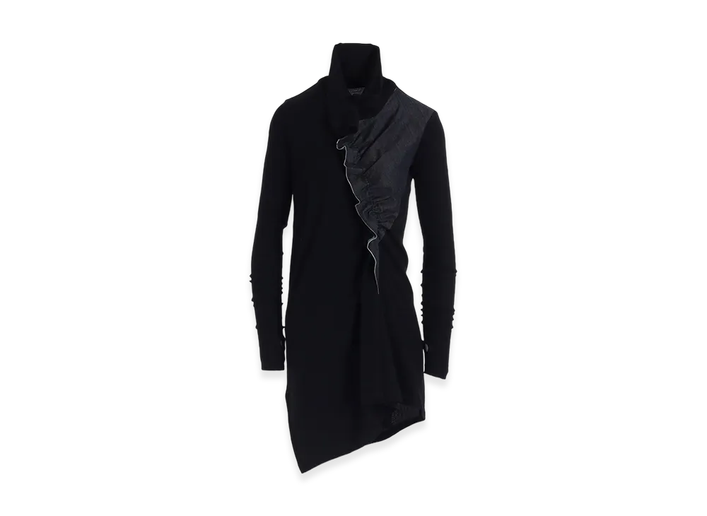 Y's Rib/Denim Combination Long T With Gathers "Indigo"