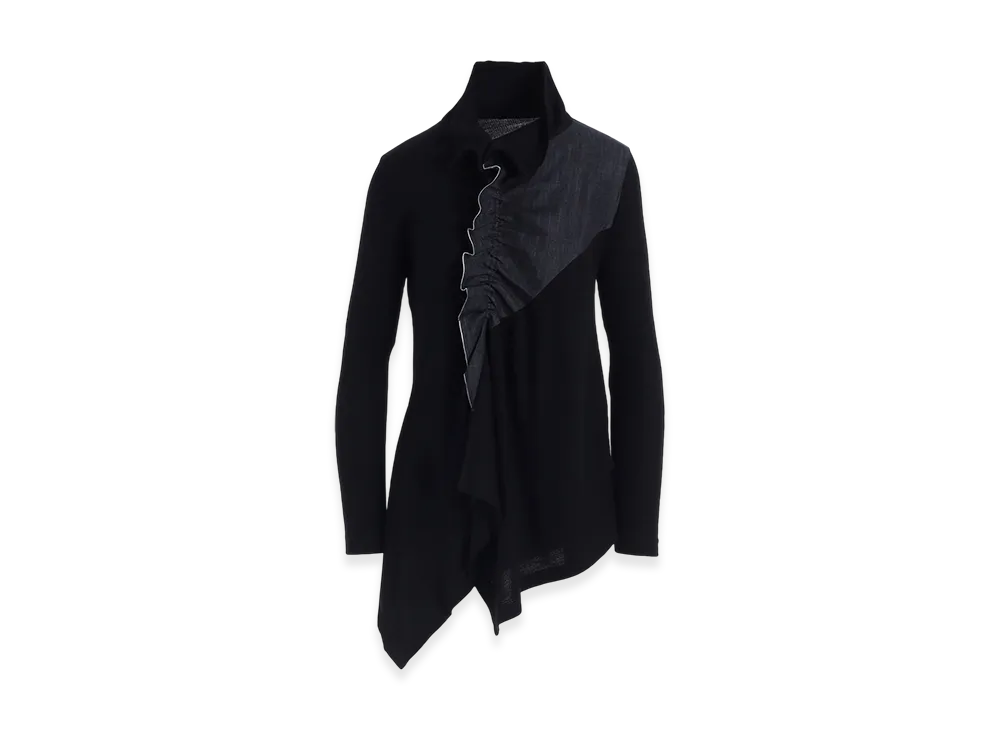 Y's Rib/Denim Combination Flare T With Gathers "Indigo"