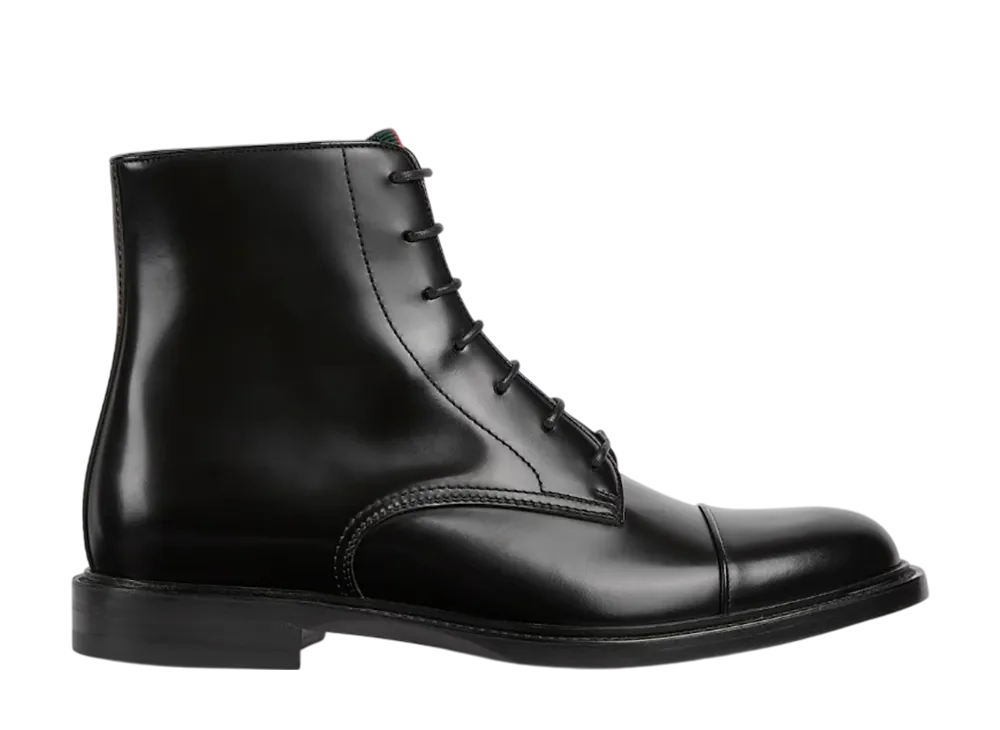 グッチ ウェブ ストライプ付き レースアップブーツ "ブラックシャイニーレザー"