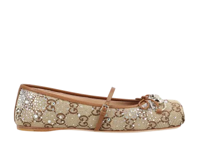 GUCCI Women's GG Crystal Horsebit Ballet Flat "Beige/Dark Brown/GG Canvas"