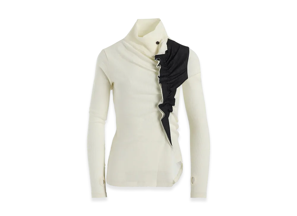 Y's Rib/Denim Combination High Neck T With Gathers "Off White"