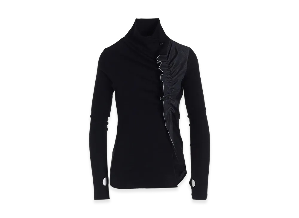 Y's Rib/Denim Combination High Neck T With Gathers "Indigo"