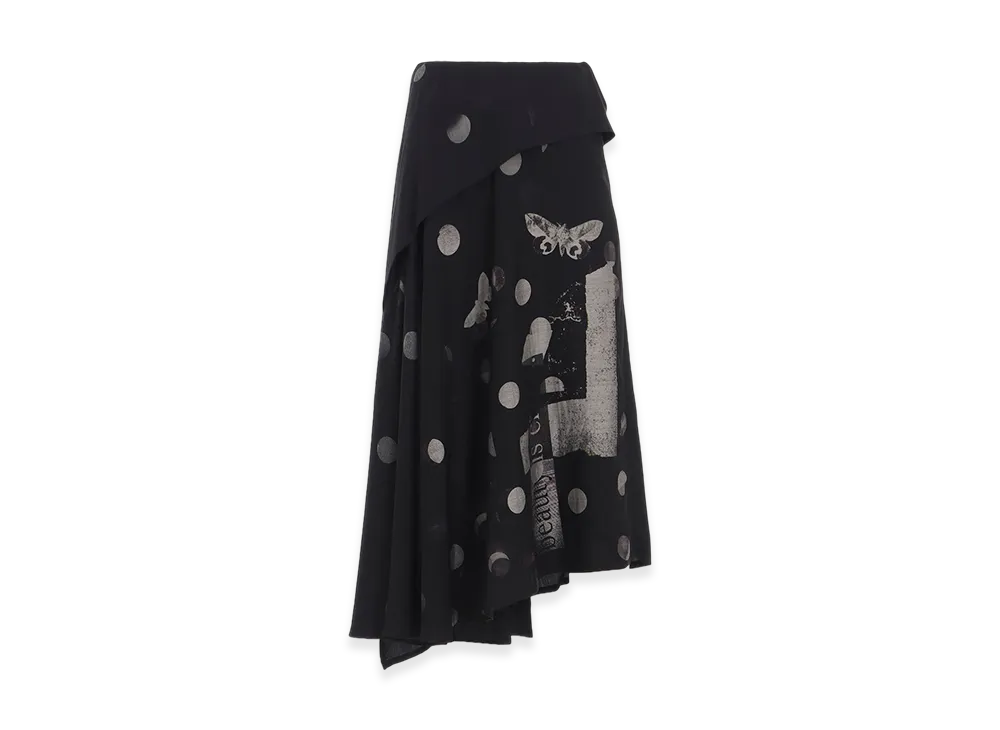Y's Butterfly-Print Dungaree Twill Asymmetric Long Skirt "Dark Grey"