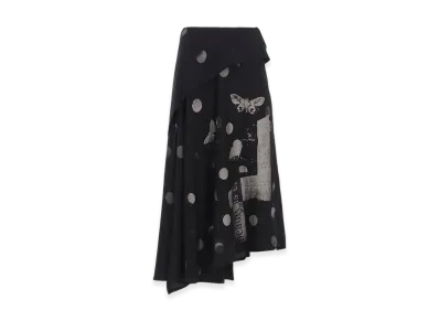 Y's Butterfly-Print Dungaree Twill Asymmetric Long Skirt "Dark Grey"