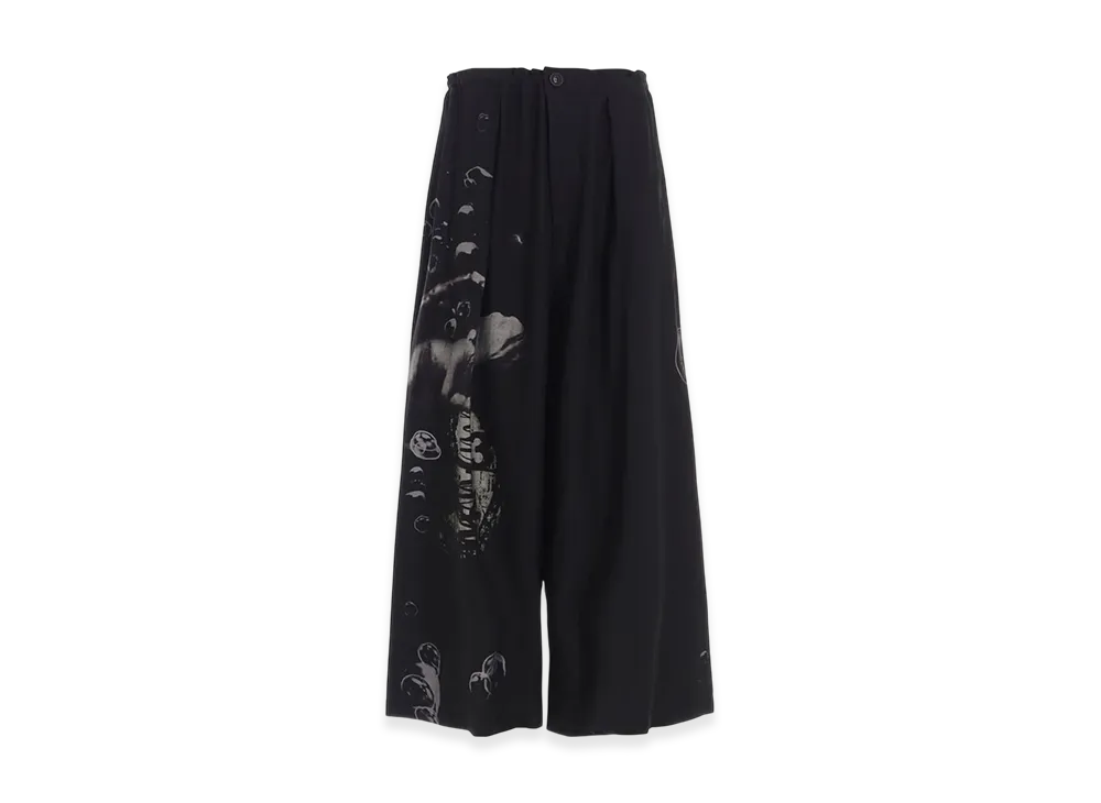 Y's Angel-Print Dungaree Twill Front Plated Wide Pants "Dark Grey"