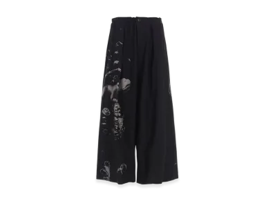Y's Angel-Print Dungaree Twill Front Plated Wide Pants "Dark Grey"