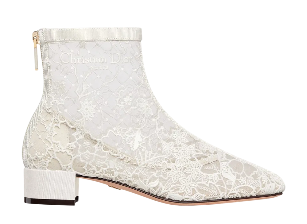 Dior Women's Naughtily-D Heel Short Boots Millefiori Embroidered Mesh "White"