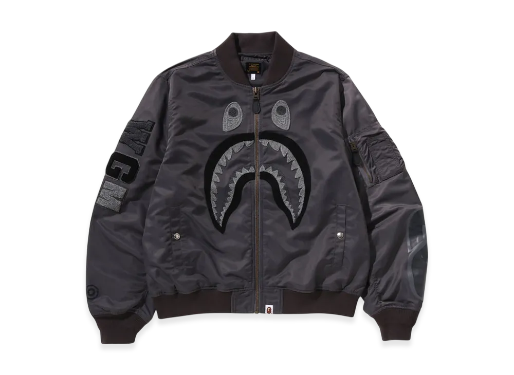 A BATHING APE Tonal Chain Stitch Shark Bomber Jacket "Charcoal"