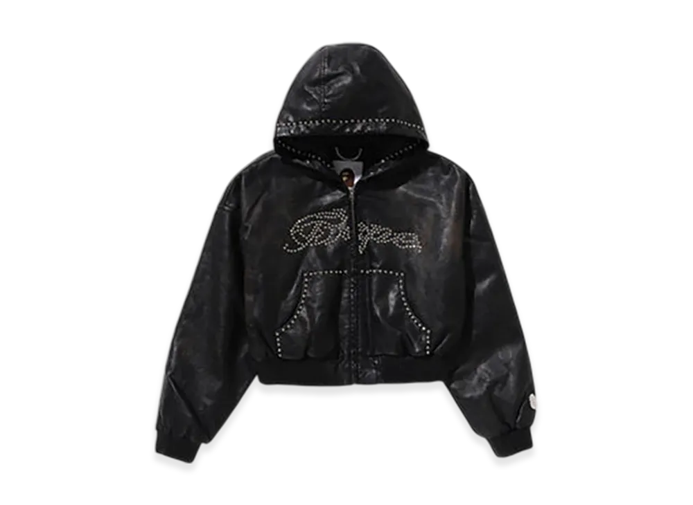 A BATHING APE Camo Embossed Washed Rhinestone Cropped Jacket "Black"