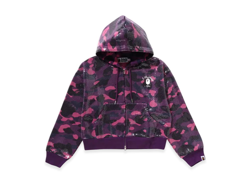 A BATHING APE Color Camo Ape Head Sequin Cropped Full Zip Hoooie "Purple"