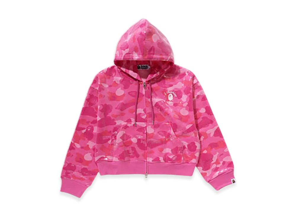 A BATHING APE Color Camo Ape Head Sequin Cropped Full Zip Hoooie "Pink"