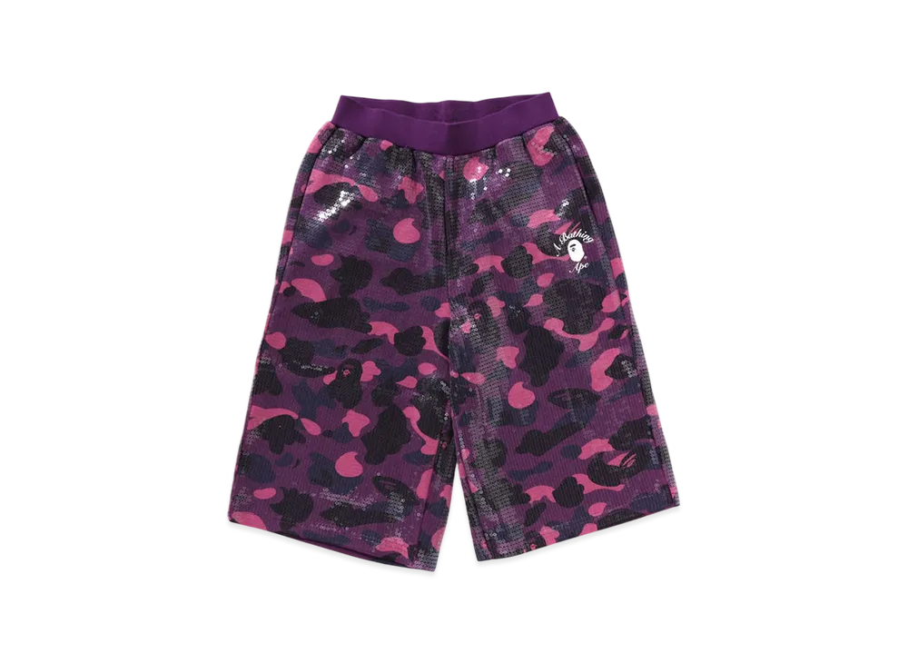 A BATHING APE Color Camo Ape Head Sequin Sweat Shorts "Purple"